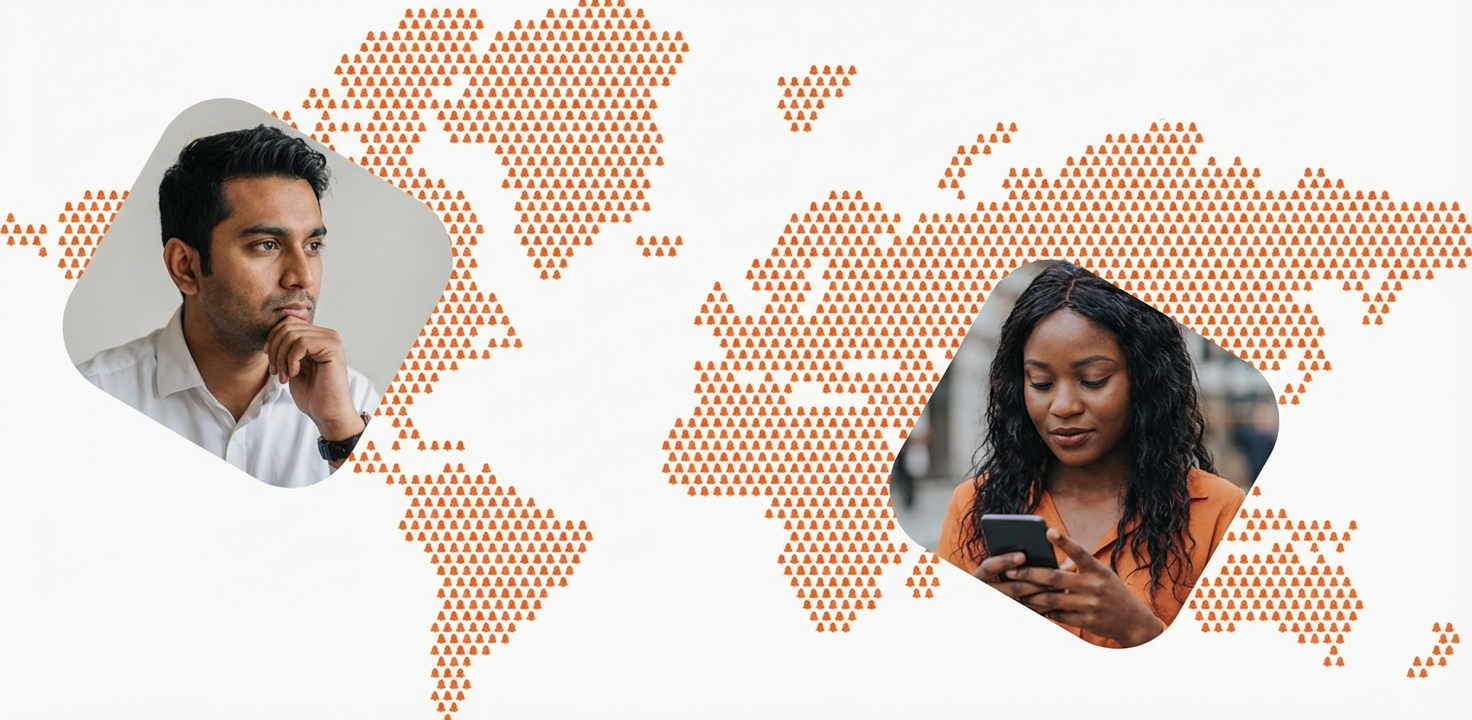 A world map made of tiny light green trees, with two overlay blocks with pictures, one with an african man looking to a computer screen, and another with an asian woman holding a mobile in the street